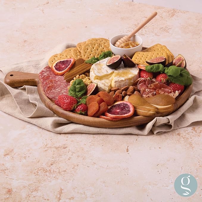 Charcuterie Board - Round Acacia Wood Cutting Board for Kitchen with Handle, Cheese Board for Chopping Vegetables, Bread, Fruits, Meat - Decorative Wooden Serving Tray House Warming Gift
