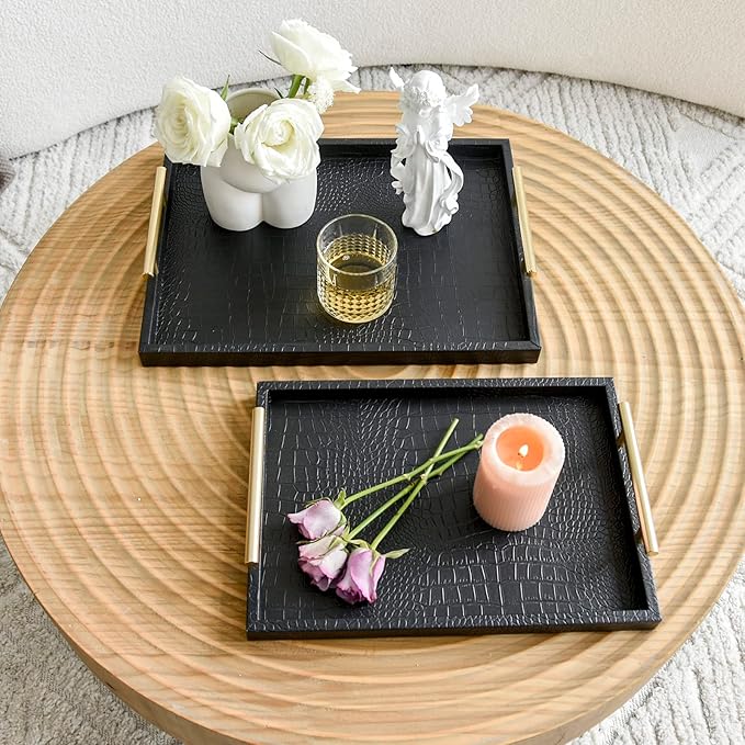 Set of 2 Modern Elegant Large Wood Serving Tray, Rectangle Decorative Tray Ottoman Tay Coffee Table Tray, Black Crocodile Leather with Gold Polished Metal Handles
