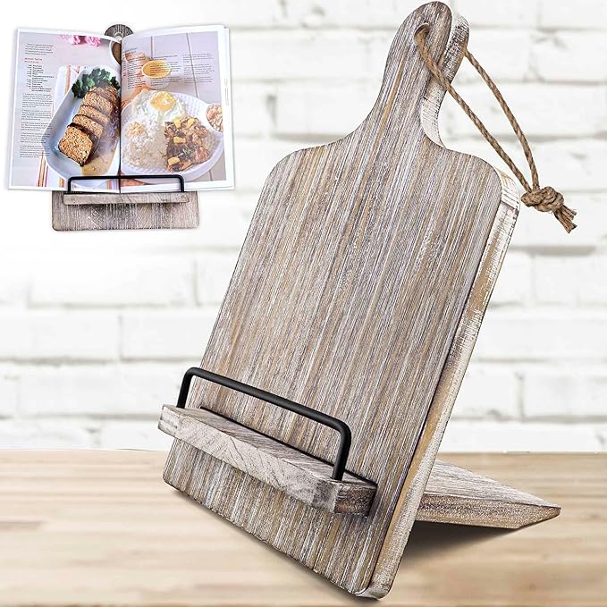 Cookbook Stand Recipe Book Holder for Kitchen Counter, Solid Wood Wooden Recipe Stand Keeps Cookbooks Open, Fits iPad & Tablet, Book Holder for Cooking, Kitchen & Dining Room
