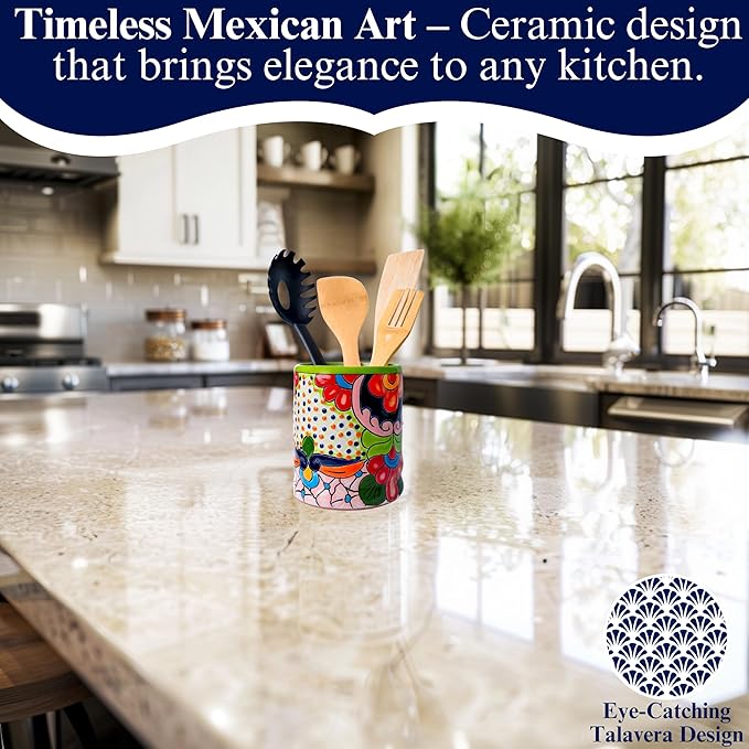 Talavera Utensil Holder – Hand Painted Ceramic Spoon Crock – Colorful Utensil Crock – Large Mexican Spoon Rest – 6" H (Green)