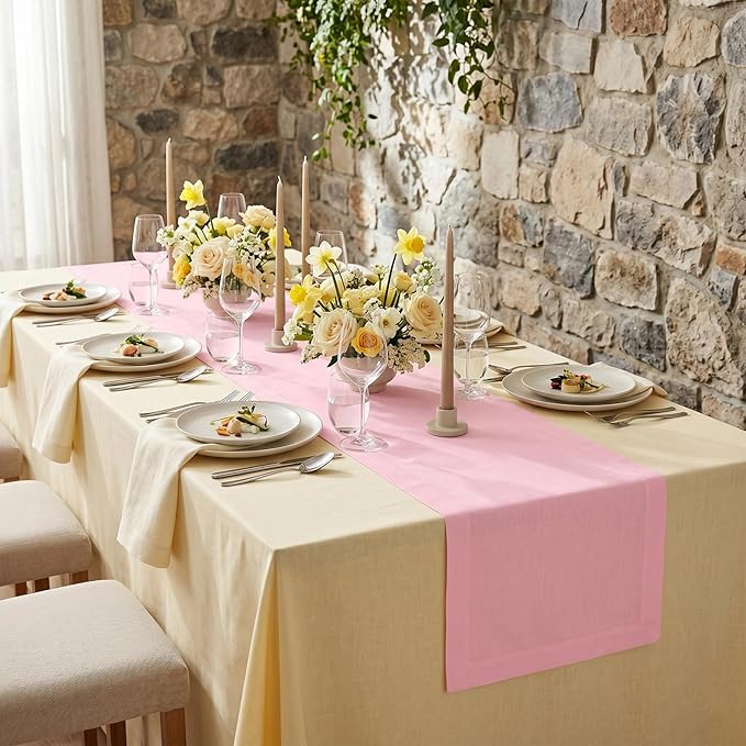 Solino Home Linen Pink Lemonade Table Runner 108 Inches Long - 100% Pure Linen 14 x 108 Inch Table Runner for Spring, Summer - Fete
