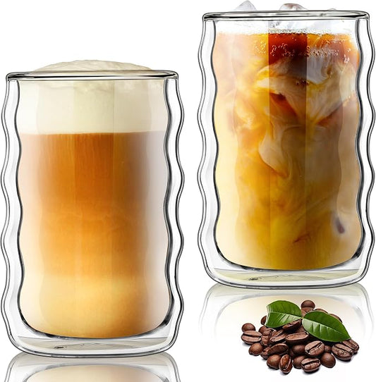 Joeyan 14.5oz Double Wall Glass Tumbler, Wave Shape Insulated Thermal Glass Cups for Hot Cold Drinks, Clear Tall Drinking Highball Glasses for Iced Coffee, Latte, Matcha, Tea, Smoothie, Set of 2