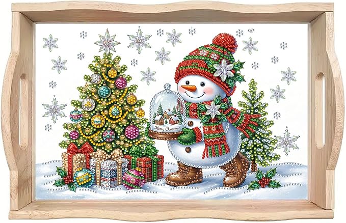 DIY Diamond Art Painting Serving Tray Creative Design Handmade Wooden Rectangular Snack Tray Dinner Plate Drill Craft for Coffee Living Room Home Organizer-Snowman