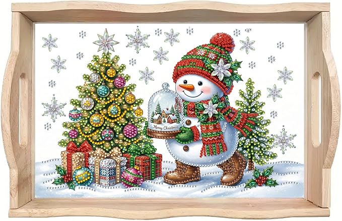 DIY Diamond Serving Tray with Handle Handmade Gem Painting Wooden Rectangular Breakfast Tray for Dinner Plate Coffee Room Living Home Organizer-Snowman