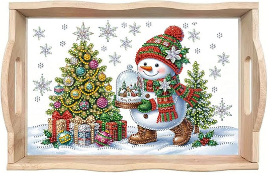 DIY Diamond Serving Tray with Handle Handmade Gem Painting Wooden Rectangular Breakfast Tray for Dinner Plate Coffee Room Living Home Organizer-Snowman