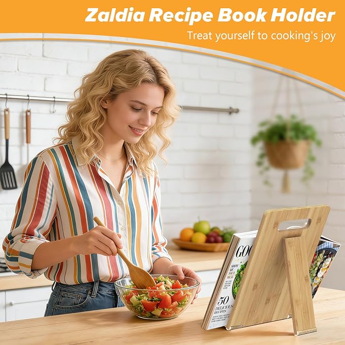 Cookbook Stand-Wooden Recipe Book Holder, Adjustable Cooking Book Stand for Kitchen Counter, Recipe Card Holder Shelf with Measurement Conversion Chart, Nice Gift for Cooking Lover,Wood