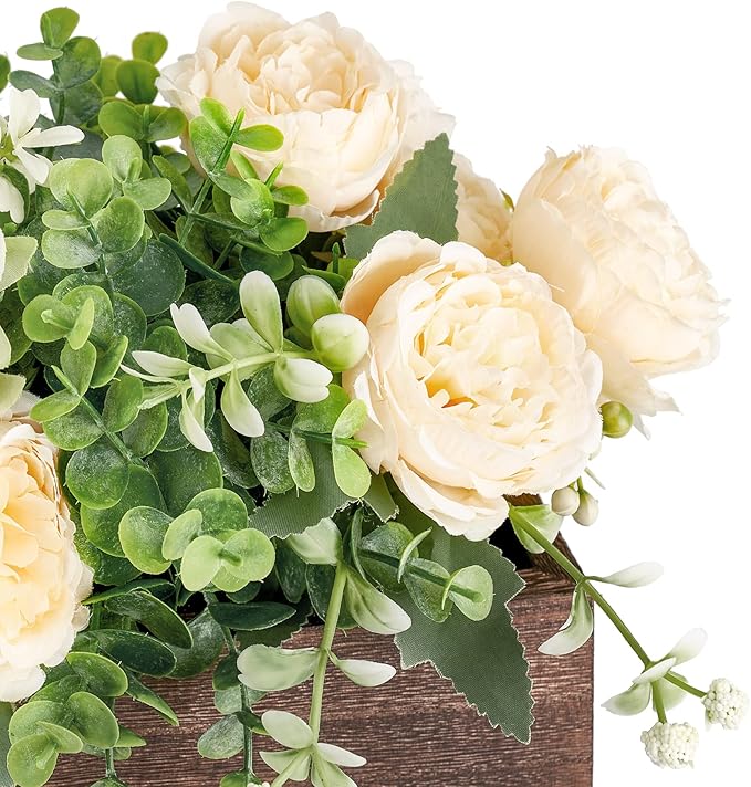 Dahey Centerpiece Table Decorations for Dining Room Farmhouse Table Centerpieces Decor Wood Tray with 3 Artificial Flowers and 2 Eucalyptus for Living Room Kitchen Table, 14.1" x 4.7" x 3.1"