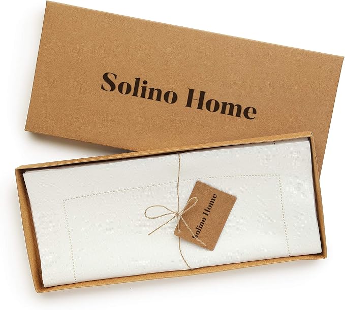 Solino Home Linen Ivory Table Runner 48 Inches - Classic Hemstitch, 100% Pure Linen Coffee Table Runner 14 x 48 Inch Ideal for Dresser Tables - Summer