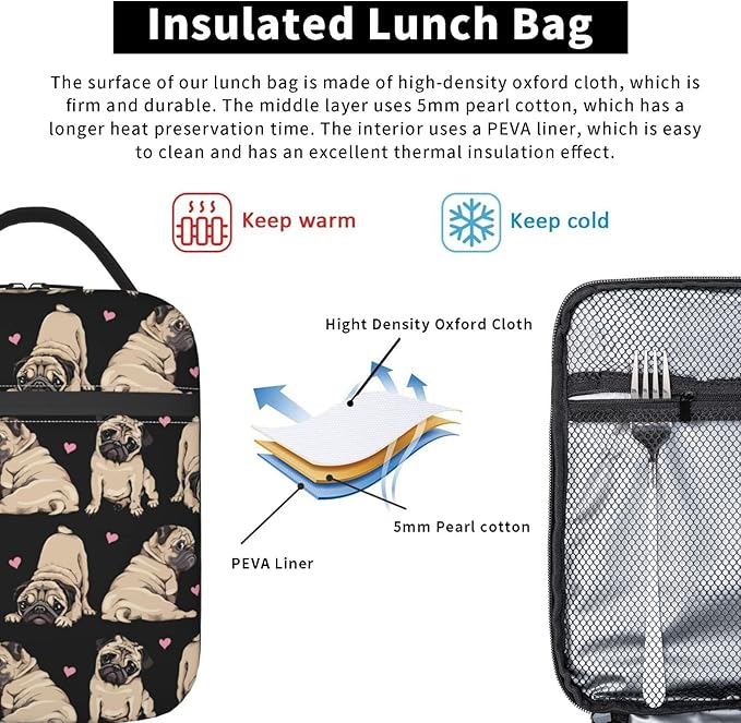 Gianlaima Pug Cute Black Cool Fuuny puppy Dog Love Insulated Lunch Box For Women Man, Portable Lunch Bag Reusable Cooler Tote For Office Work Travel Picnic Camping Beach