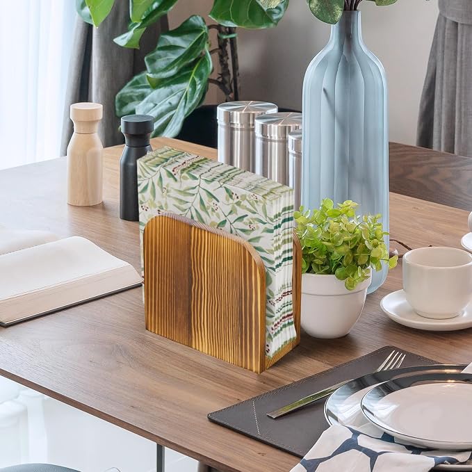 ALELION Brown Wood Napkin Holder for Table, Wooden Upright Napkin Holders for Kitchen, Standing Napkin Dispenser for Rustic Kitchen Dining Room Party Cocktail Outdoor