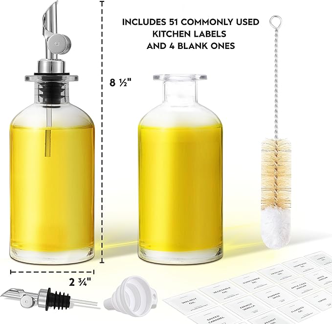 Spaceneat Olive Oil Dispenser Bottle - Includes 55 Kitchen Essential Labels - Cooking Oil Bottles for Kitchen, Coffee Syrup Dispenser - Pourer Spout with 11.8 fl oz Glass Container Cruet - 2pcs Silver