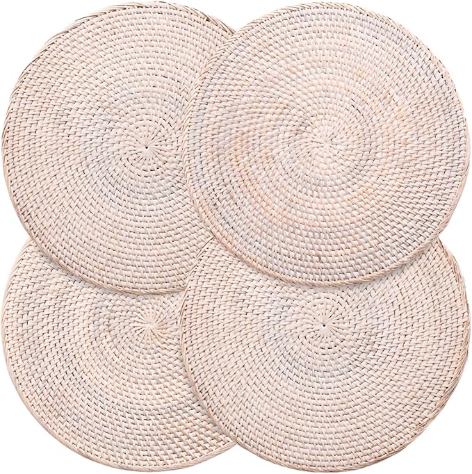 4-Pack Rattan Placemats - 13-inch Round Placemats (Whitewash) - Woven Place Mats, Round Table Mats - Wicker Chargers for Dinner Plates, Plate Chargers Boho