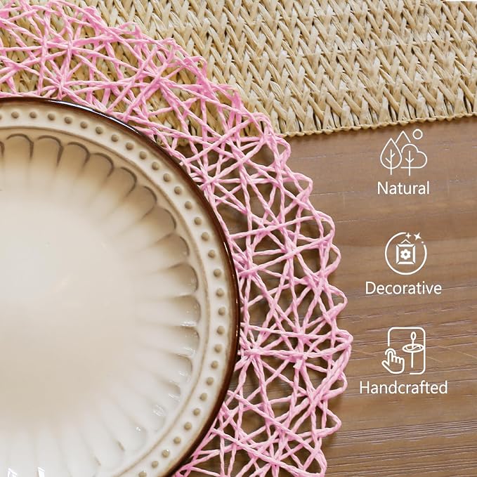 AHHFSMEI Paper Braided Round Placemats Set of 12 Natural Non-Slip Heat Resistant Table Mats for Dining Tables Woven Indoor Outdoor Place mats(Pink)