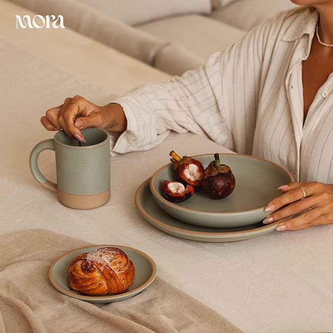 MORA Medium Mugs Set of 4, 16oz Ceramic Pottery Latte Mugs/Coffee Cups - Microwave and Dishwasher Safe - Thyme
