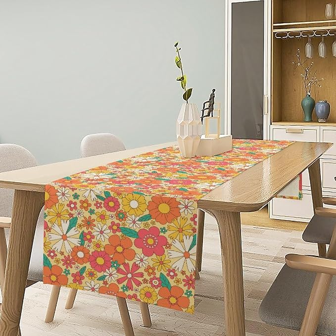 Retro 70s Floral Table Runner,Vintage Hippie Summer Groovy Daisy Flower Dinner Runner for Home Kitchen Dining Table Party Holiday Decor 13x70 Inch