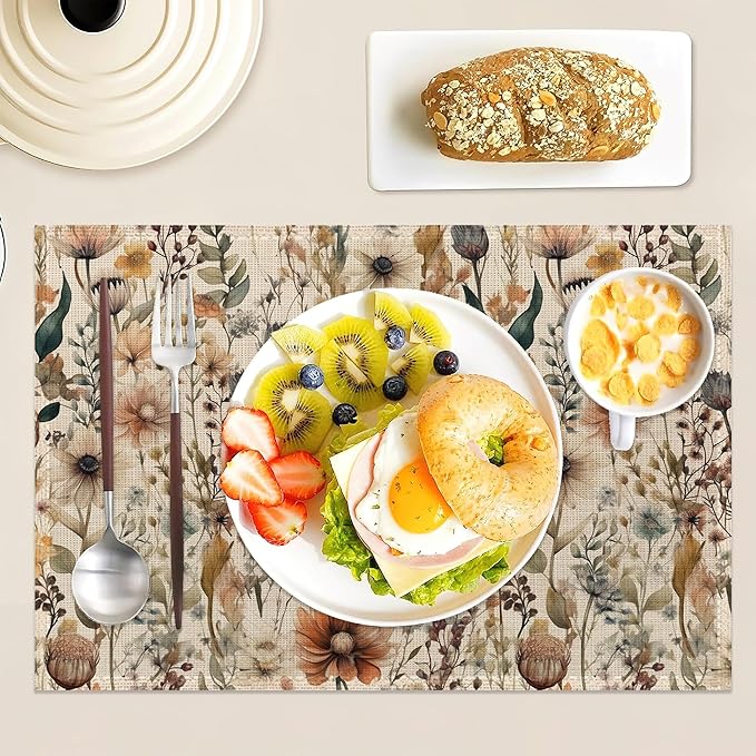 Boho Floral Watercolor Placemats Set of 6,12x18 Inch Table Mats forKitchen Table Washable Farmhouse Linen Table Mats Dining Decoration