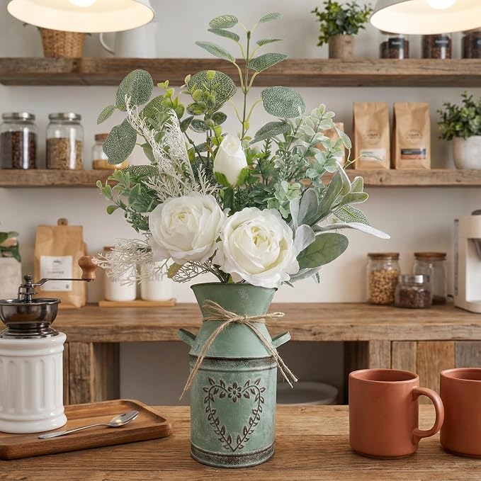 Faux Flowers in Vase 17.5" H Artificial Silk Roses Flower Fake Plants Eucalyptus Arrangement in Metal Vase Faux Silk Floral for Dining Table Centerpieces Home Office Decoration (White/Green Vase)