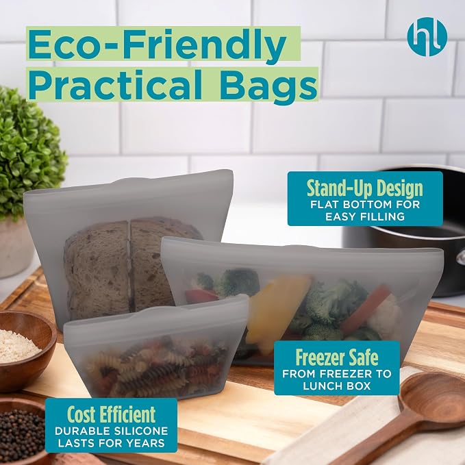 Home Logic Reusable Sandwich Bags - Set of 6 Alloy Grey Silicone Freezer Bags, Airtight Leak Resistant Reusable Zip Bags for Kitchen Home Food Prep, Microwave & Sous Vide Safe