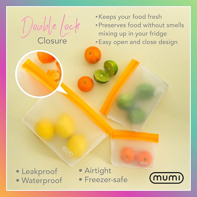 MUMI Piccolo Reusable Zip Up Bags – Set of 3 Silicone Ziplock Bag | Reusable Ziploc Bags for Food Storage, Freezer, & Snacks | BPA-Free Airtight Silicone Storage Bag for Travel & Meal Prep - Orange