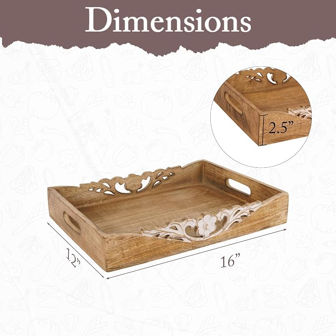 Mela Artisans 16” x 12” x 2.5” Mango Wood Serving Tray with Handles – Orchid Medium Burnt Finish – Handcrafted Wooden Serving Board for Breakfast, Coffee & Home Décor