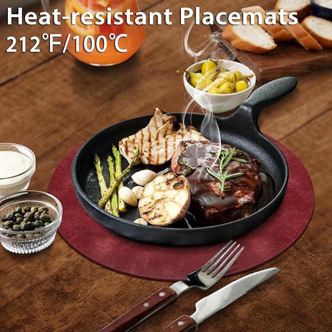 ADRIMER Placemats, Heat Resistant Round Placemats Set of 6 Washable, Waterproof Table Mats, Wipeable Faux Leather Place Mats for Kitchen, Dining Room, Wine Red