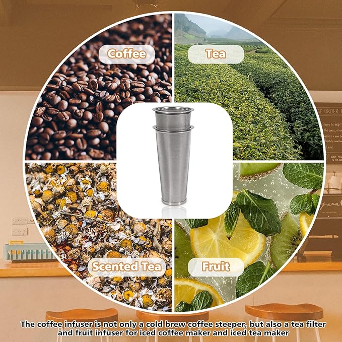 2pcs Cold Brew Filter - Cold Brew Coffee Filter for 32oz Wide Mouth Mason Jar Cold Brew Coffee Maker Pitcher, 304 Stainless Steel Mesh Cold Brew Strainer Infuser for Iced Coffee Tea Maker