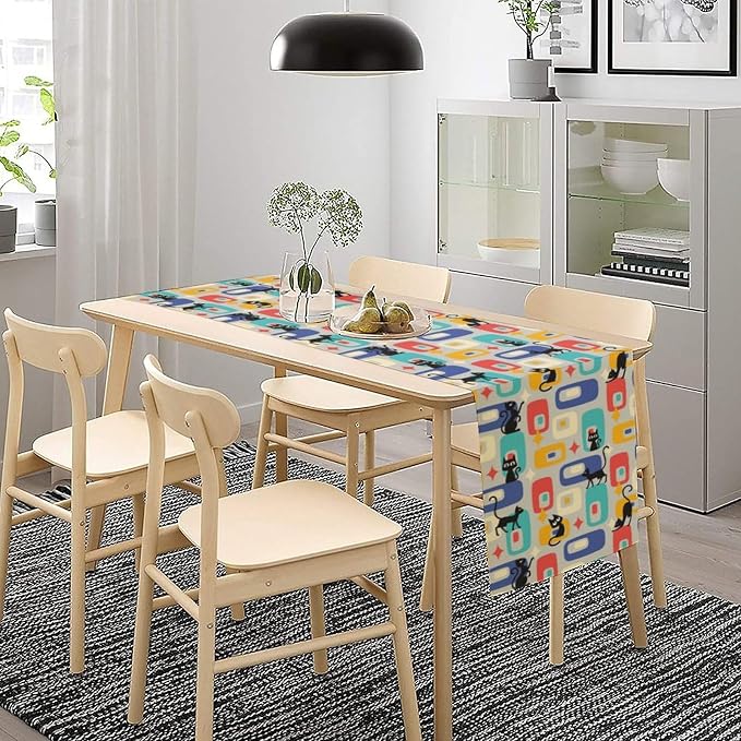 Mid Century Modern Table Runner, Black Cat Abstract Atomic Starburst Geometric Diamond for Kitchen Dining Decor for Kitchen Family Dinner Table Holiday Party Farmhouse 13 x 60 in