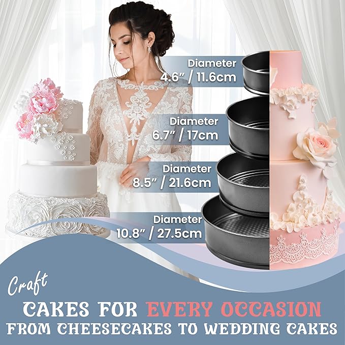 9 Inch Springform Pan Set - 4 NONSTICK Leakproof Cheesecake Pans 4/7/9/11” with CAKE SLICER and TESTER; INSTANT POT-Compatible Spring Form Pans for Baking – for Gifting - Layer Cakes, Quiches, etc