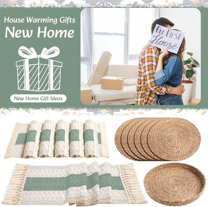 Boho Placemats 4/6/8 Set of Round Woven Placemat Macrame Style Bicolor Stitching Long Table Runner Farmhouse Rustic Natural Burlap Cotton for Kitchen Dining Table(6 Sets,Green,12x72)