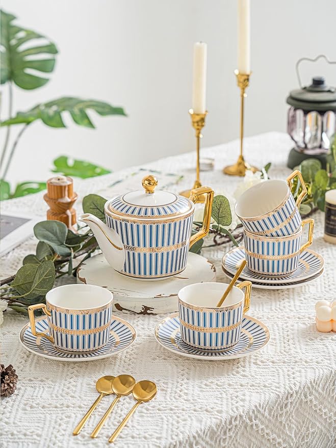 CwlwGO-Bone China Tea Cup Set of 4, Cup and Saucer Sets Service for 4 with 24 Ounces Teapot,Sugar Bowl,Creamer Pitcher,Elegant British Tea Cups for Tea Party,Gifts Box.