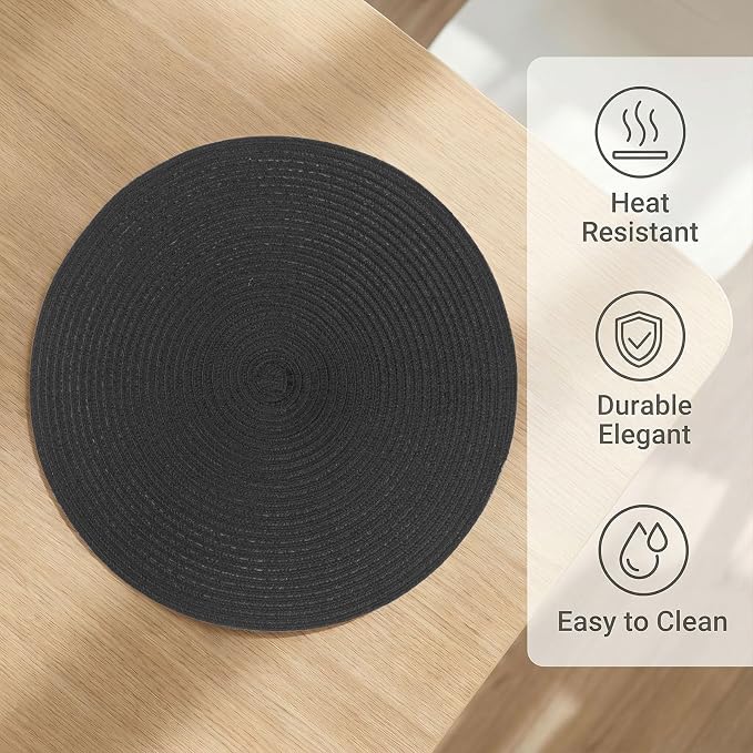 AHHFSMEI Round Braided Placemats Set of 6 Woven Table Mats for Dining Table Heat Resistant Easy to Clean Perfect for Kitchen & Home Decor (Black)
