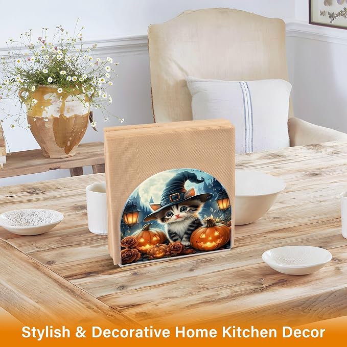 Halloween Cat Pumpkin Lantern Napkin Holder for Tables Paper Cocktail Napkin Holders for Kitchen Dinning,Acrylic Dinner Napkin Dispenser for Restaurant Home Decor Bar Accessories 2 Pack