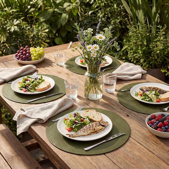 Artoid Mode Olive Green Faux Leather Placemats Set of 6, 15 Inch Waterproof Wipeable Heat Resistant Vinyl Place Mats, Reversible Table Mats for Kitchen Dining Decor