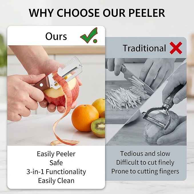Vegetable Peeler with Bottle Opener - 2PCS Veggie Peeler with Wooden Handle, Multifunctional Potato Peeler with Scallion Shredder, Fruit Peeler for Kitchen, Camping, Travel