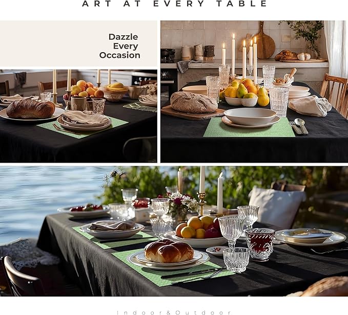 Leetaltree Sparkling Crisp Green Sequin Woven Vinyl Placemats, Set of 12 - Waterproof & Washable Dining Table Mats for Wedding, Anniversary, Daily Use, Hand-Cut