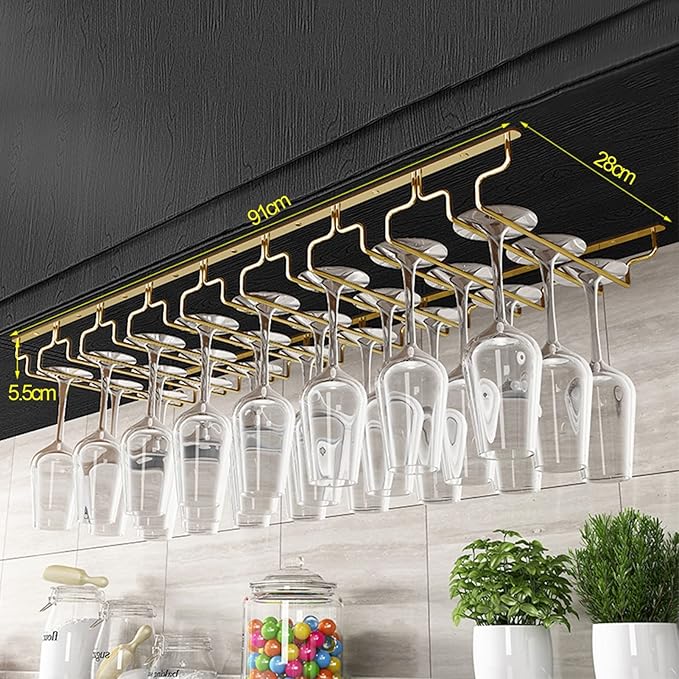 Gold Wine Glass Rack Hanging Metal 304 Stainless Steel Under Cabinet Shelf Stemware Racks Wine Champagne Goblets Holder for Kitchen Bar Pub (Size : 91x28x5.5cm)