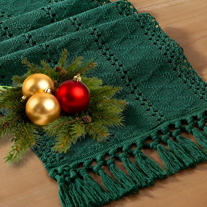 Socomi Boho Table Runner Summer Farmhouse Woven Cotton Linen Rustic Coffee Table Runner with Tassels for Dresser Scarf Home Decor Dining Room 12x90 inch Emerald Green