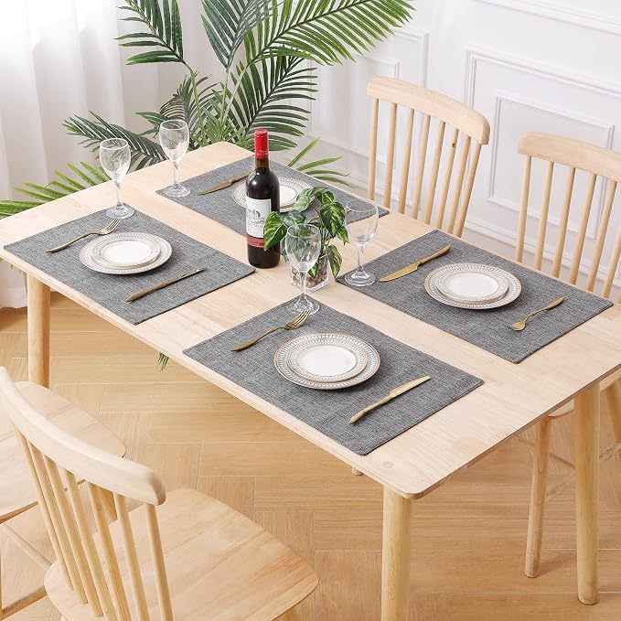 homing Faux Cotton Linen Placemats Set of 6, Cloth Washable Farmhouse Dining Table Mats for Indoors & Outdoors, Easy to Clean, Dark Grey, 13 x 19 Inch