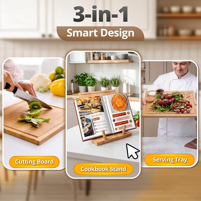 Wooden Cookbook Stand & Cutting Board, 3-in-1 Recipe Book Holder & Tablet Stand with Detachable Boards, Serving Tray, Juice Groove for Kitchen Counter