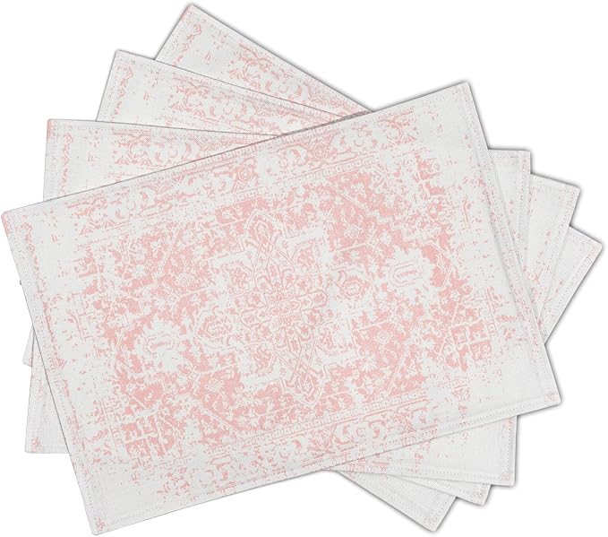 Gray Pink Boho Placemats Set of 4 Ethnic Bohemian Carpet Place Mats Washable Kitchen Dining Vintage Grey Geography Floral Linen Table Mats Stain Heat-Resistant for Home Party Indoor 12x18 in