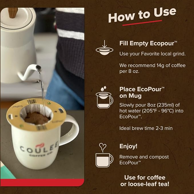 EcoPour Empty Coffee Filters, Compostable BioPlastic PLA Mesh, Single-Serve Pour Over Filters for Coffee or Tea, Portable & EcoFriendly, 50 Pack