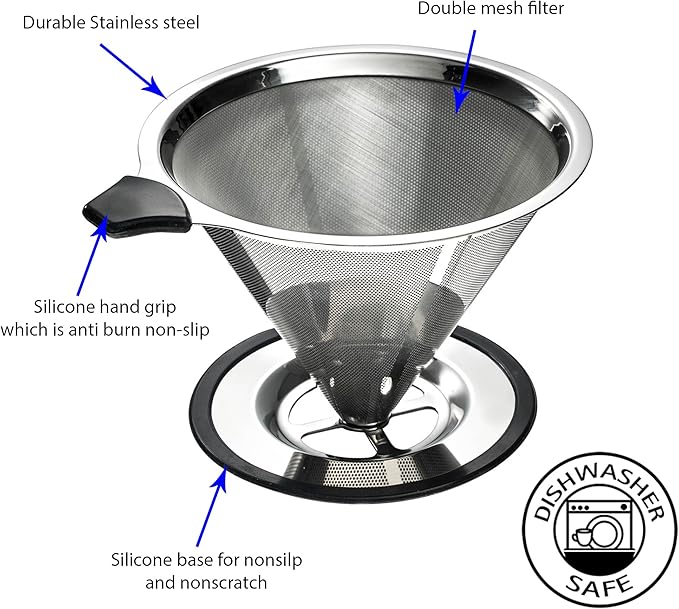Clever Pour Over Coffee Dripper With Cup Stand (Size #4) - Paperless and Reusable - Ultra Fine Micro Mesh Filter - Perfect for Manual Brewing - BONUS: Coffee Scooping Spoon + Cleaning Brush.