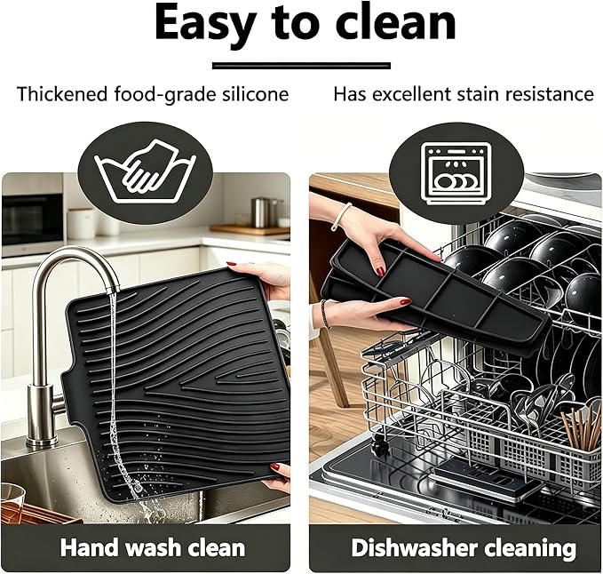 Silicone Dish Drying Mat,Dish Drying Pad,Kitchen Accessories,with Built-In and Non-Slip Drain,Easy Clean, Fit for Kitchen, Bar, RV, Refrigerator and Drawer Liner, 19.7 * 17 in Black 1PCS by EBIGIC