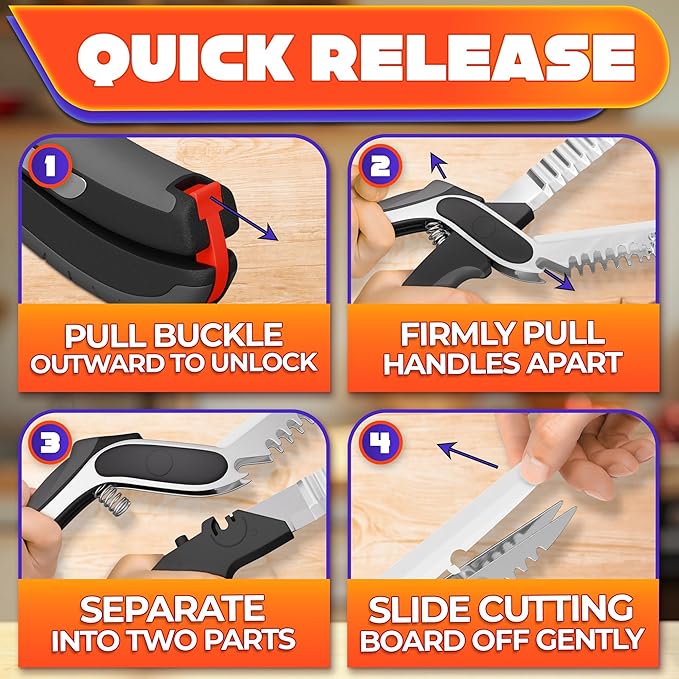 Cutting Board Scissors for Food – 7-in-1 Kitchen Food Scissors with Ribbed & Flat Blades for Easy Meat, Fruits & Veggies Cutting and Decorative Slicing – Easy To Clean Kitchen Shears with Safety Lock