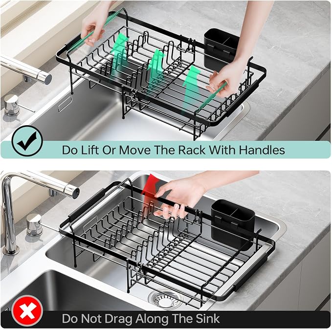 Urackify Dish Drying Rack in Sink - Stainless Steel Expandable (14.5''-18''L) Over The Sink Dish Rack with Utensil Holder, Space-Saving Dish Drainer for Kitchen Counter, 1 Piece, Matte Black