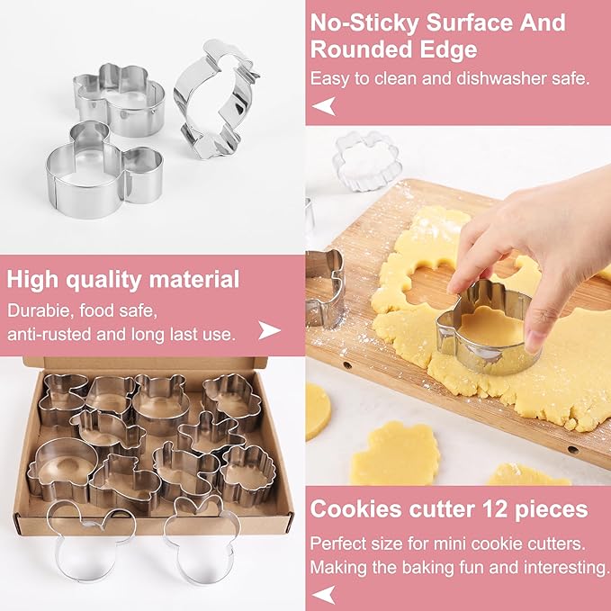 Mouse Kitty Winnie the Pooh Cookie Cutter Set Stainless Steel Sandwich Biscuit Fondant Cutters for Kids DIY Lunchbox Bento Box Fruit Cutters Cake Decoration, Pack of 12 (Cartoon Cookie Cutters Set)