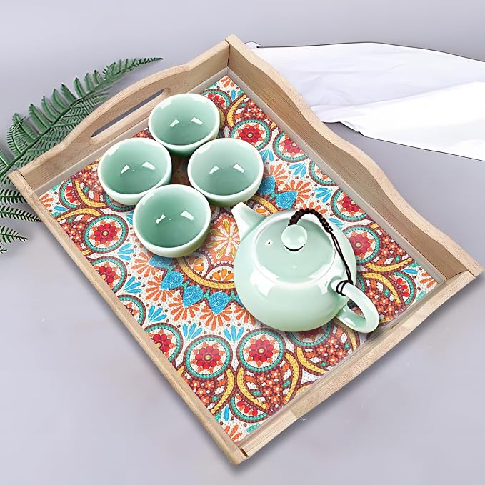 Generic DIY Diamond Serving Tray Rectangular Upgrade Increase Breakfast Tray with Handles Handmade Diamond Art Painting Wooden Tray Dinner Plate for Coffee Living Room Home Organizer-Mandala02
