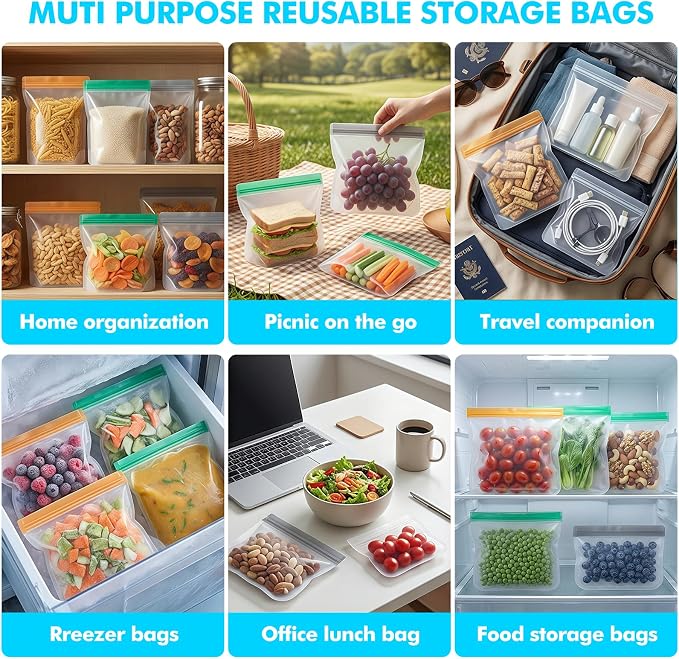 10 Pack Reusable Silicone Food Storage Bags, Reusable Freezer Bags, Leakproof Snack Sandwich Gallon Bags BPA Free Contaizers, Freezer Bag for Meal Prep, Marinate Meat, Salad Fruit, Veggies, Lunch Blue