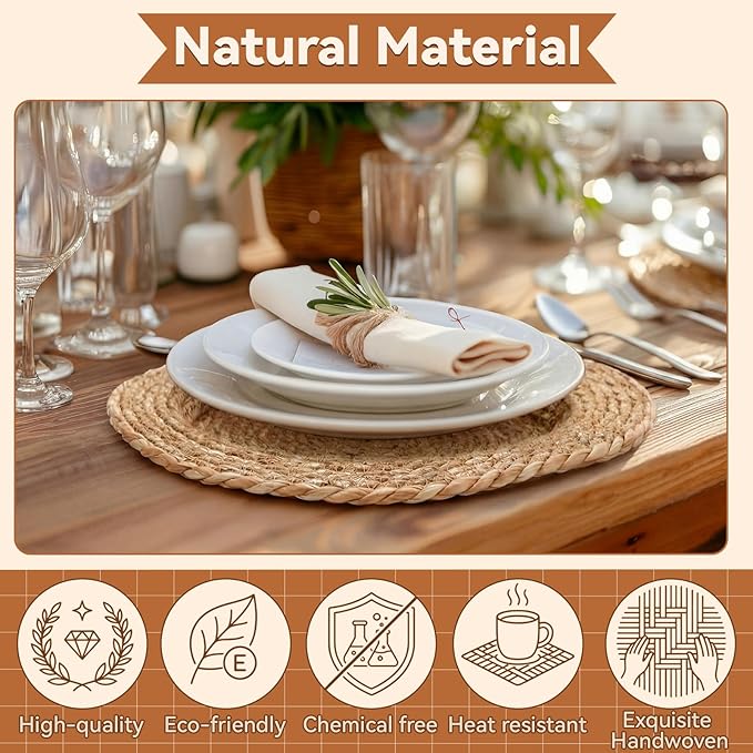 LemonRoad 13 Inch Boho Placemats Set of 12 Large Round Farmhouse Chargers Plate Mats Cattail Weave Woven Table Mats for Dining Plates Rustic Home Kitchen Wedding Party Table Decor, Natural Colors
