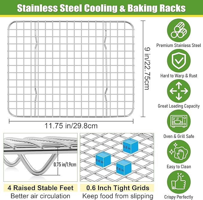 Homikit 3 Pack Cooling Rack Set, 12" x 9" Stainless Steel Baking Rack for Bacon Bread Pizza, Metal Wire Oven Racks for Cooking Roasting Fit Quarter Sheet Pan, Rust Free & Dishwasher Safe